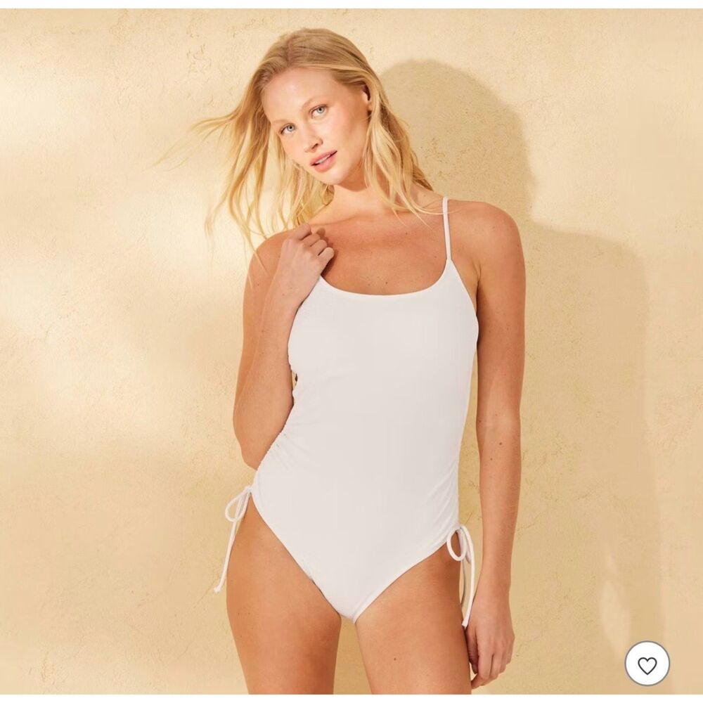 Shade & Shore One Piece Swimsuit Womens L Cream Ribbed Ruched Tie Side High Leg